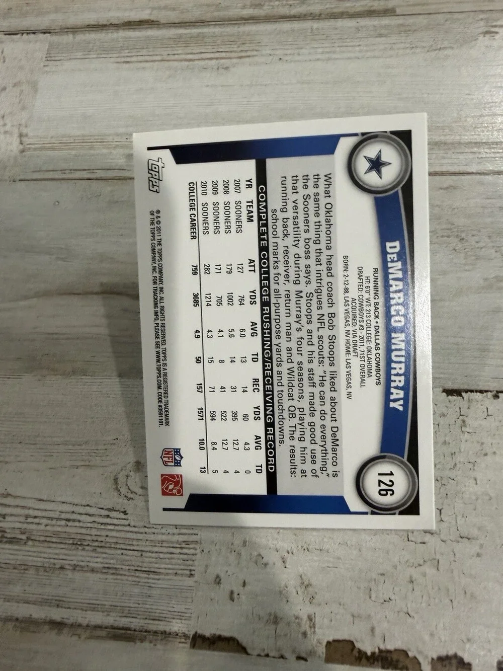 2011 Topps DeMarco Murray #126 Rookie Card RC Dallas Cowboys Football